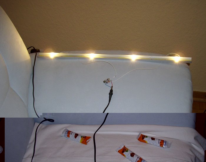 DSCI0041_cut.jpg (487.24 KiB) 30939 mal betrachtet LED-Leiste testweise auf dem Sofa, mit den Schoko-Riegeln habe ich 3 der 4 LEDs über eine Stunde lang abgedeckt --- sie sind nicht geschmolzen, nichtmal weich geworden, das Alu-U-profil erreicht nichtmal Körpertemperatur (350 mA durch die LEDs, alle 20 cm eine LED, U-Profil 20mm breit, Kanten 10 mm, Stärke 2 mm